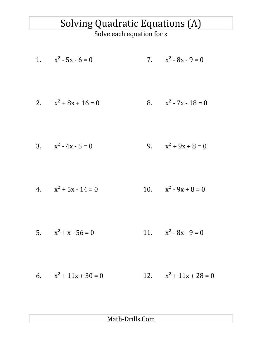 solving quadratic equations worksheet