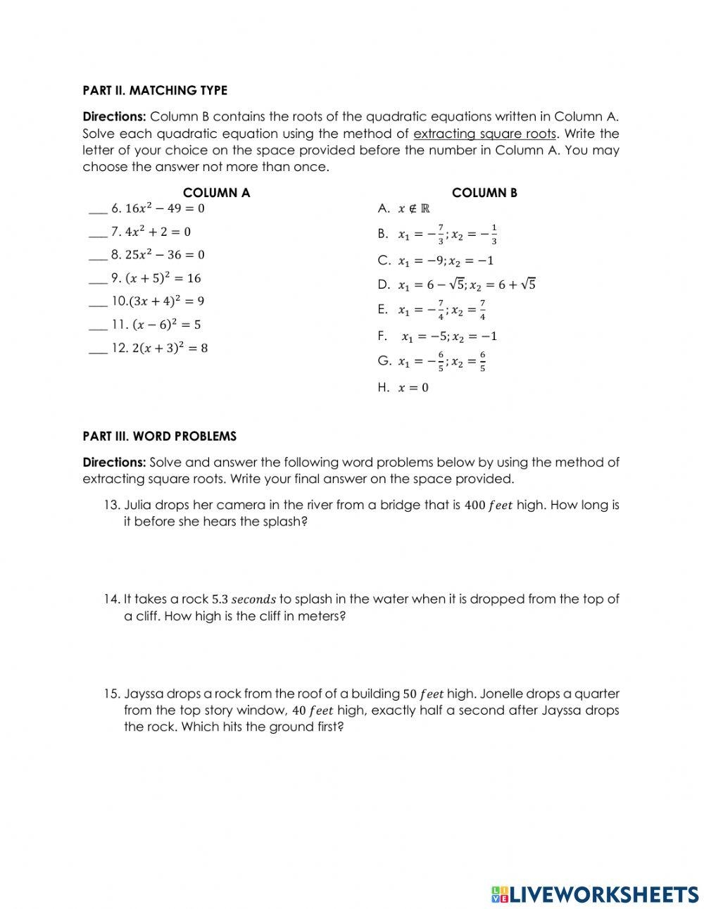 Eighth Grade Solving Equations Using Square Roots Exit Slip 
