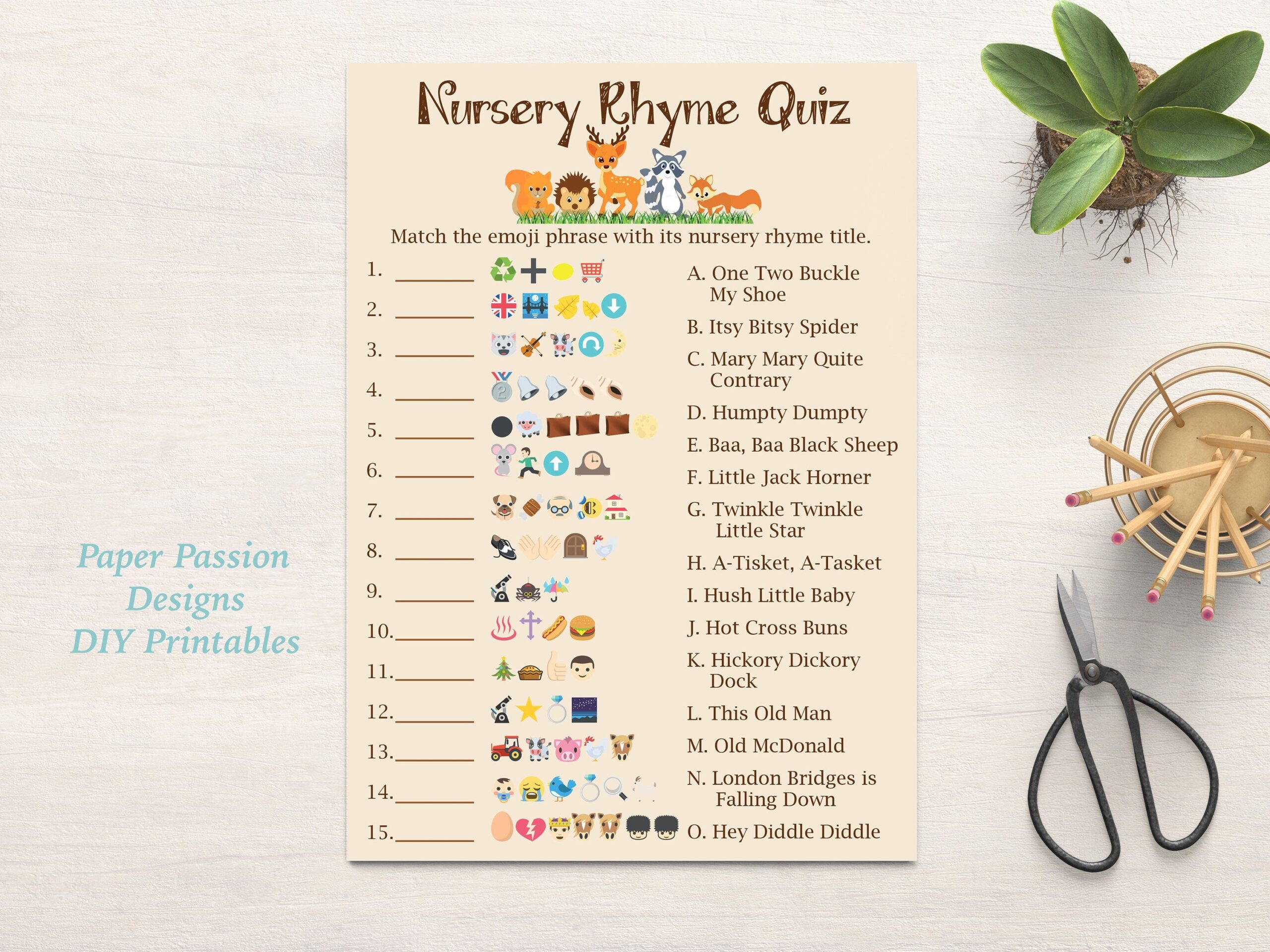 Emoji Nursery Rhyme Quiz Woodland Animal Baby Shower Game Gender 