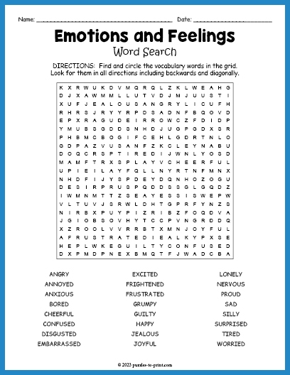 Emotions And Feelings Word Search
