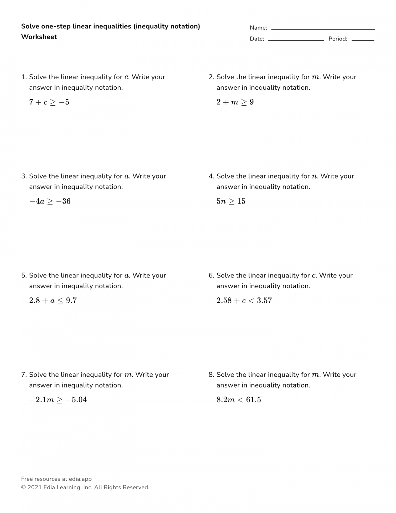 Equations And Inequalities Worksheet With Answers Printable PDF Template