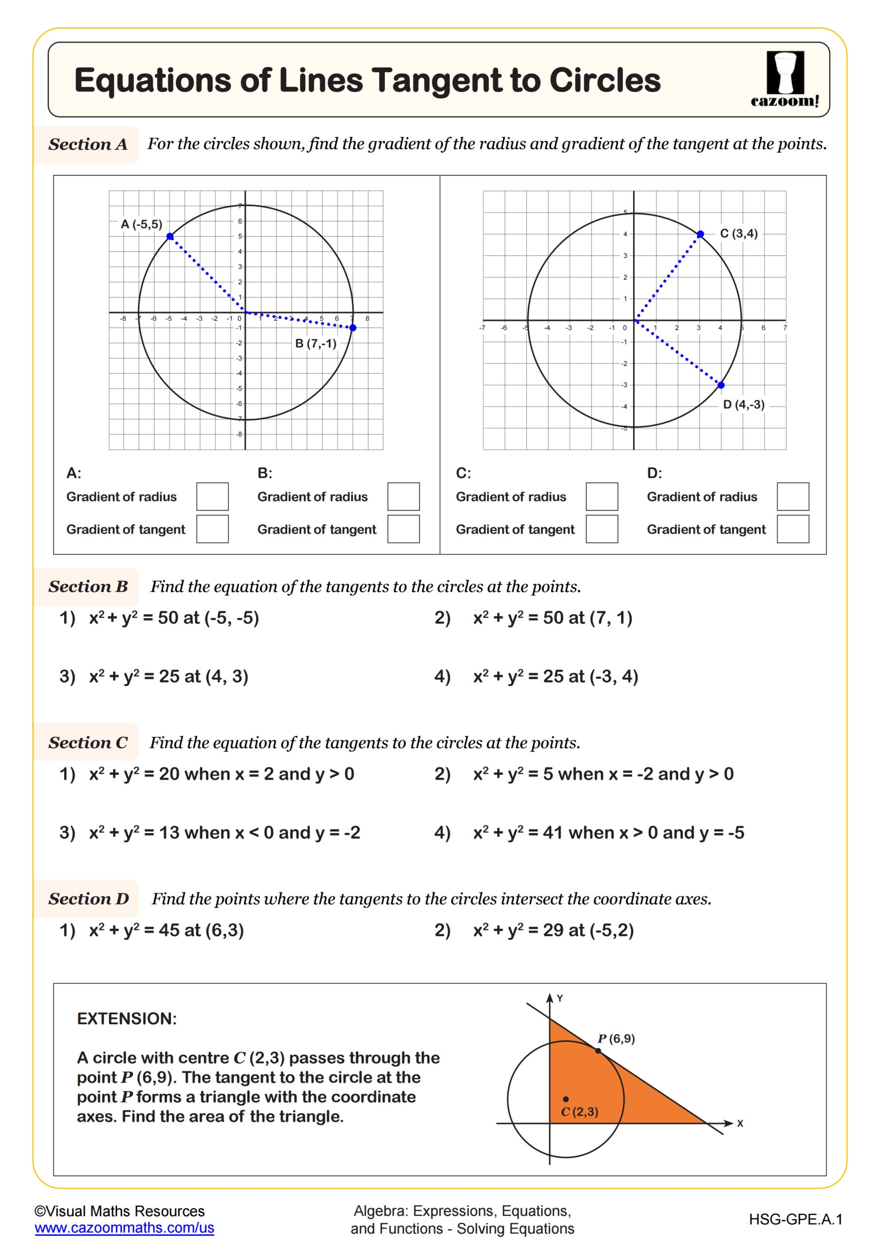 Equations Of Lines Tangent To Circles Worksheet PDF Printable