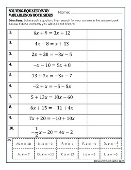 Equations With Variables On Both Sides Word Worksheets Library 