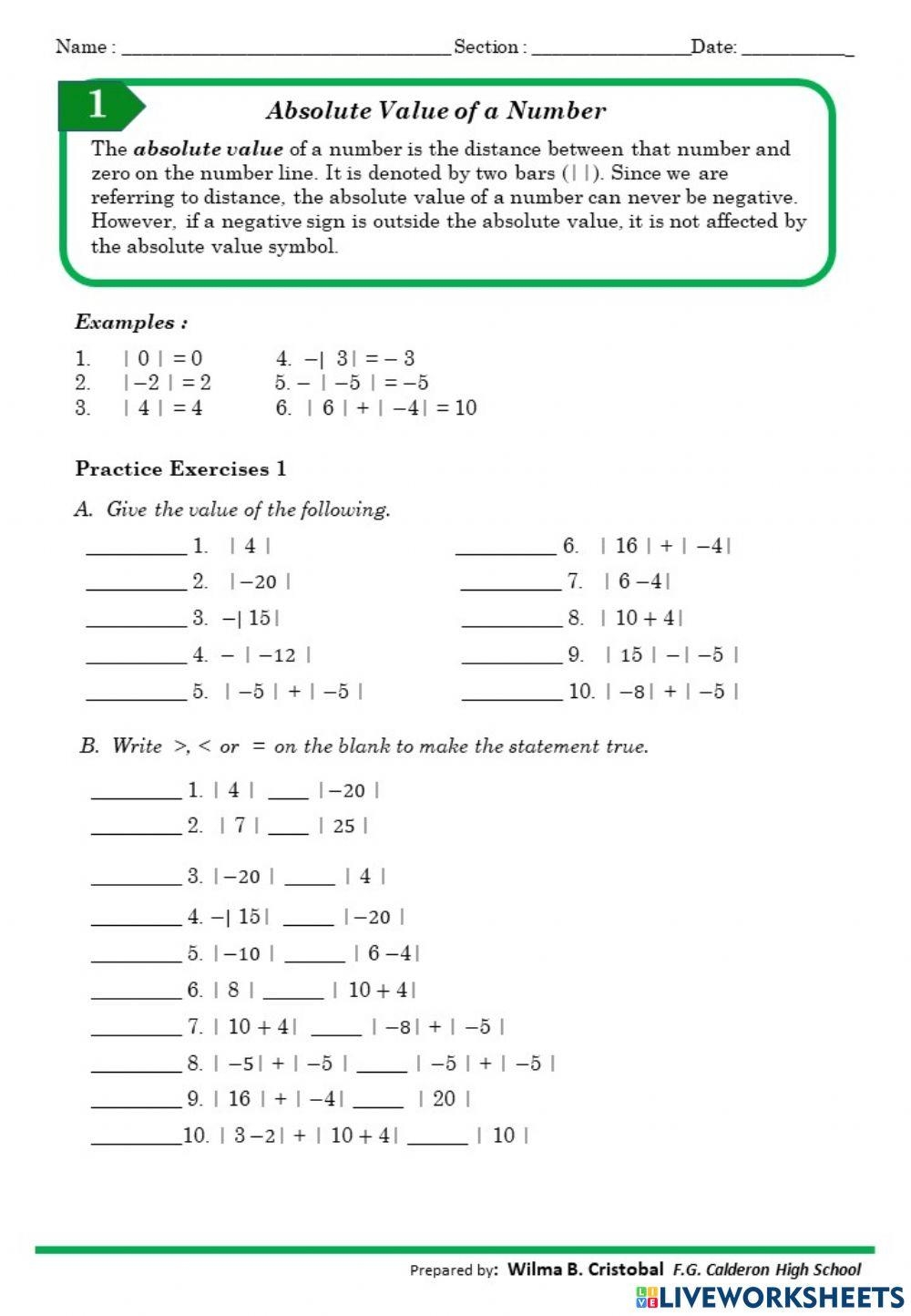 Equations Worksheets Absolute Value Equations Monomial Etsy 