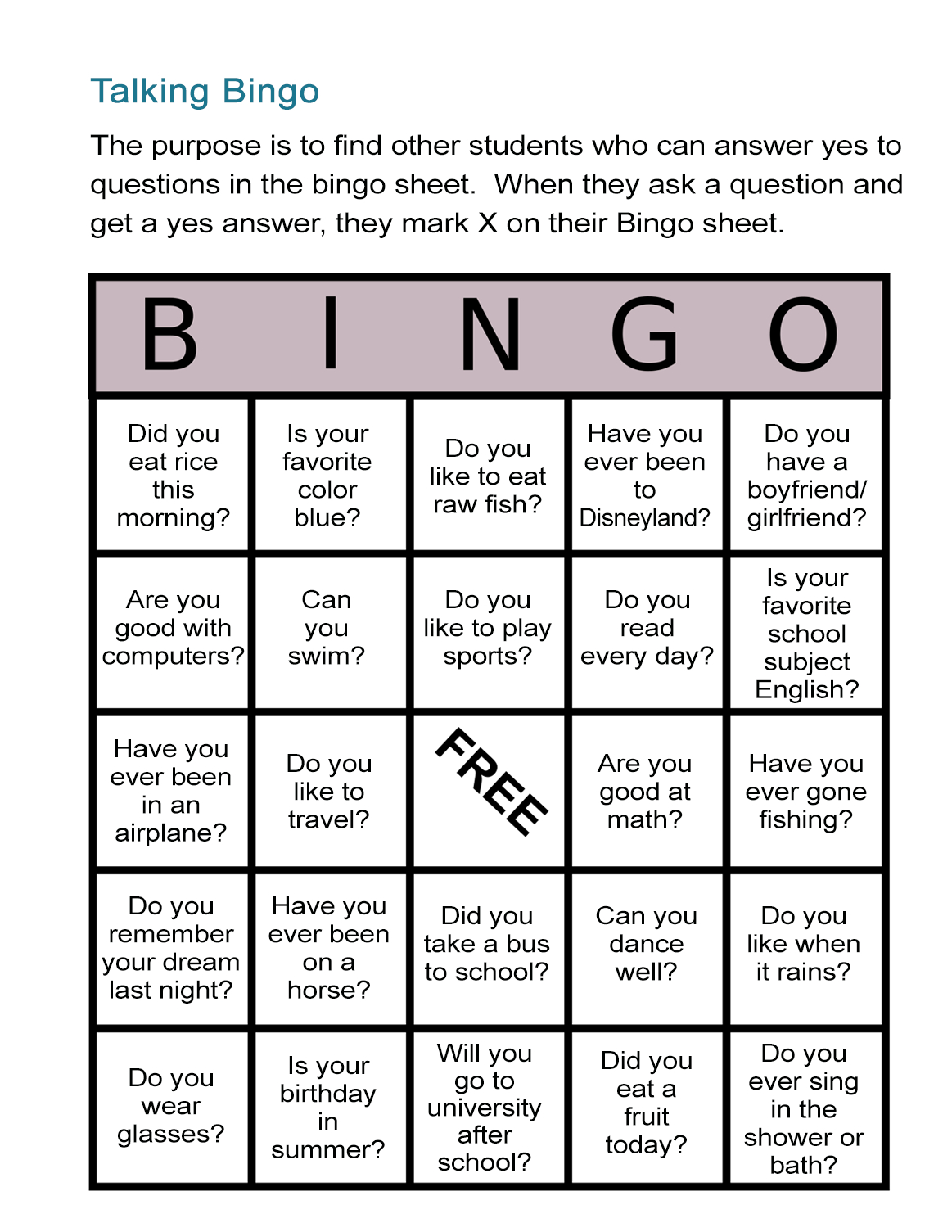 Esl Bingo Free Worksheet Stand Up Bingo All Esl Free Printable Esl
