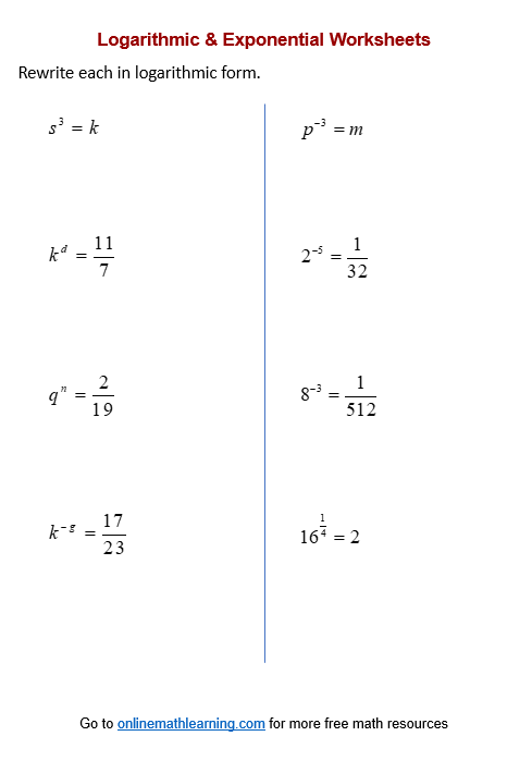 Exponential Log Worksheets printable Online Answers Examples