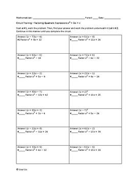 factorable quadratic equations worksheet