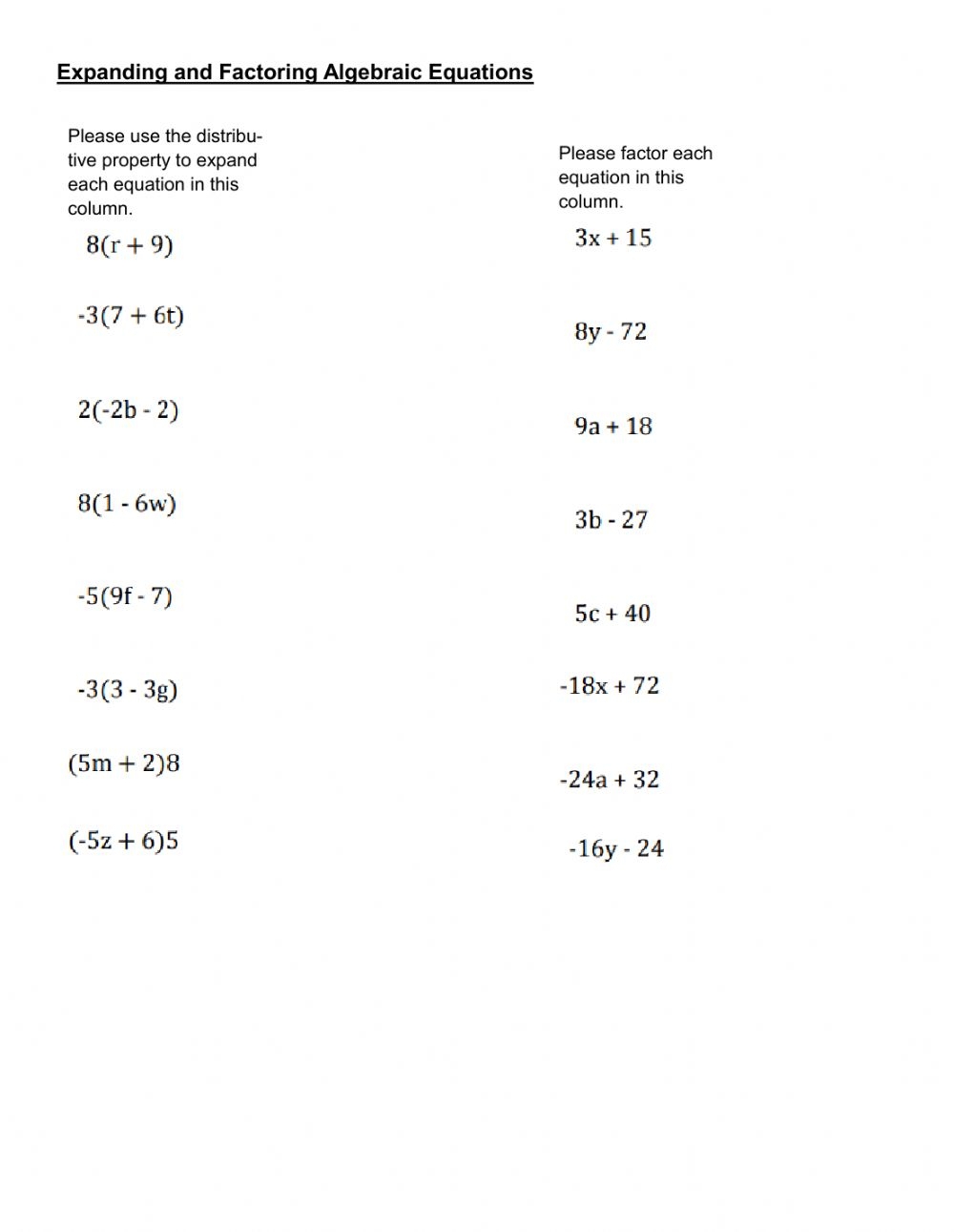 Factoring Algebraic Equations Worksheets FactorWorksheets