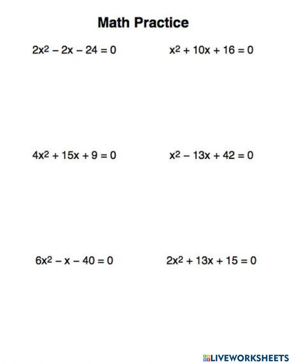 worksheet on quadratic equations