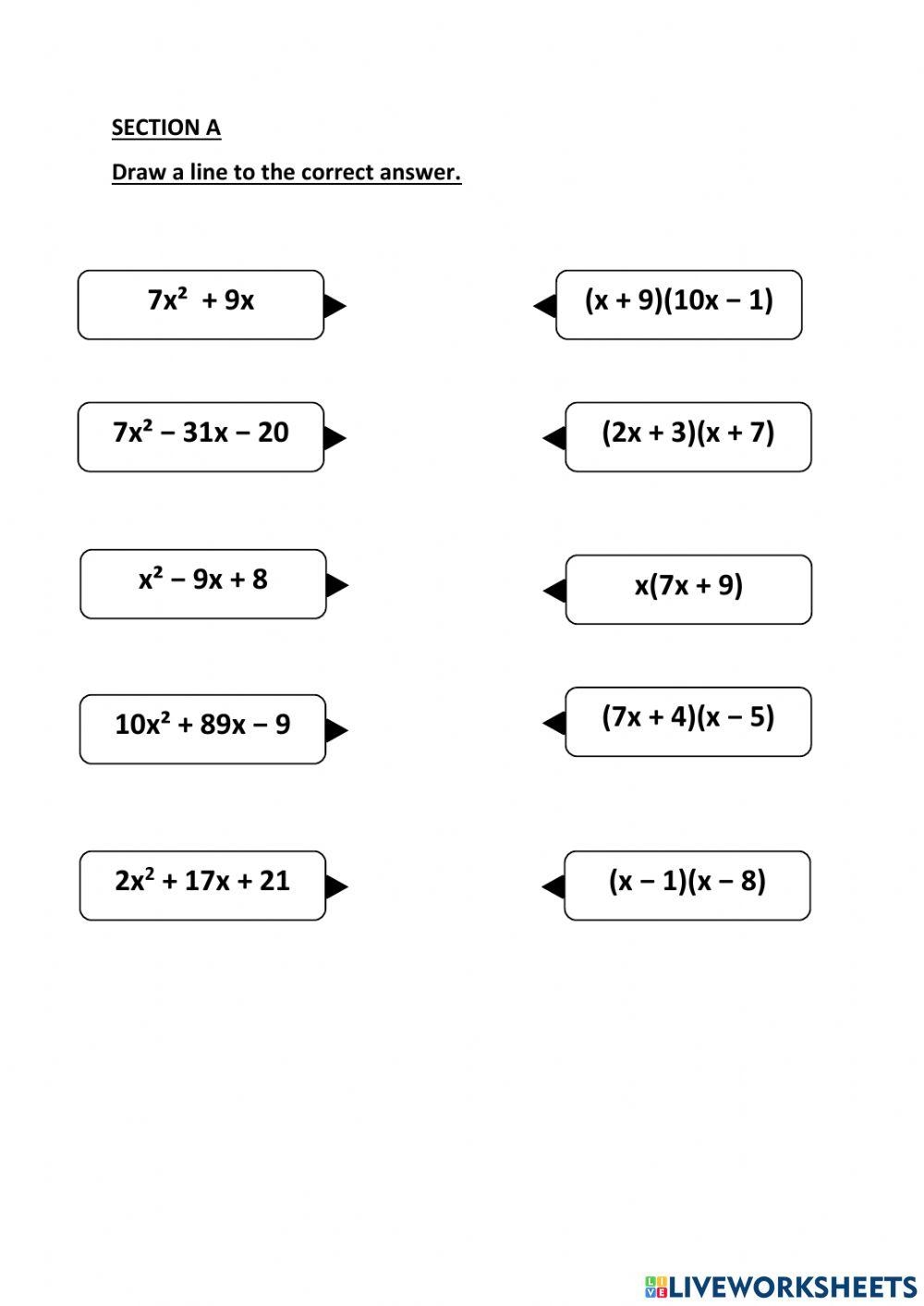 Factoring Quadratic Equations Worksheet For 8th 11th Grade 