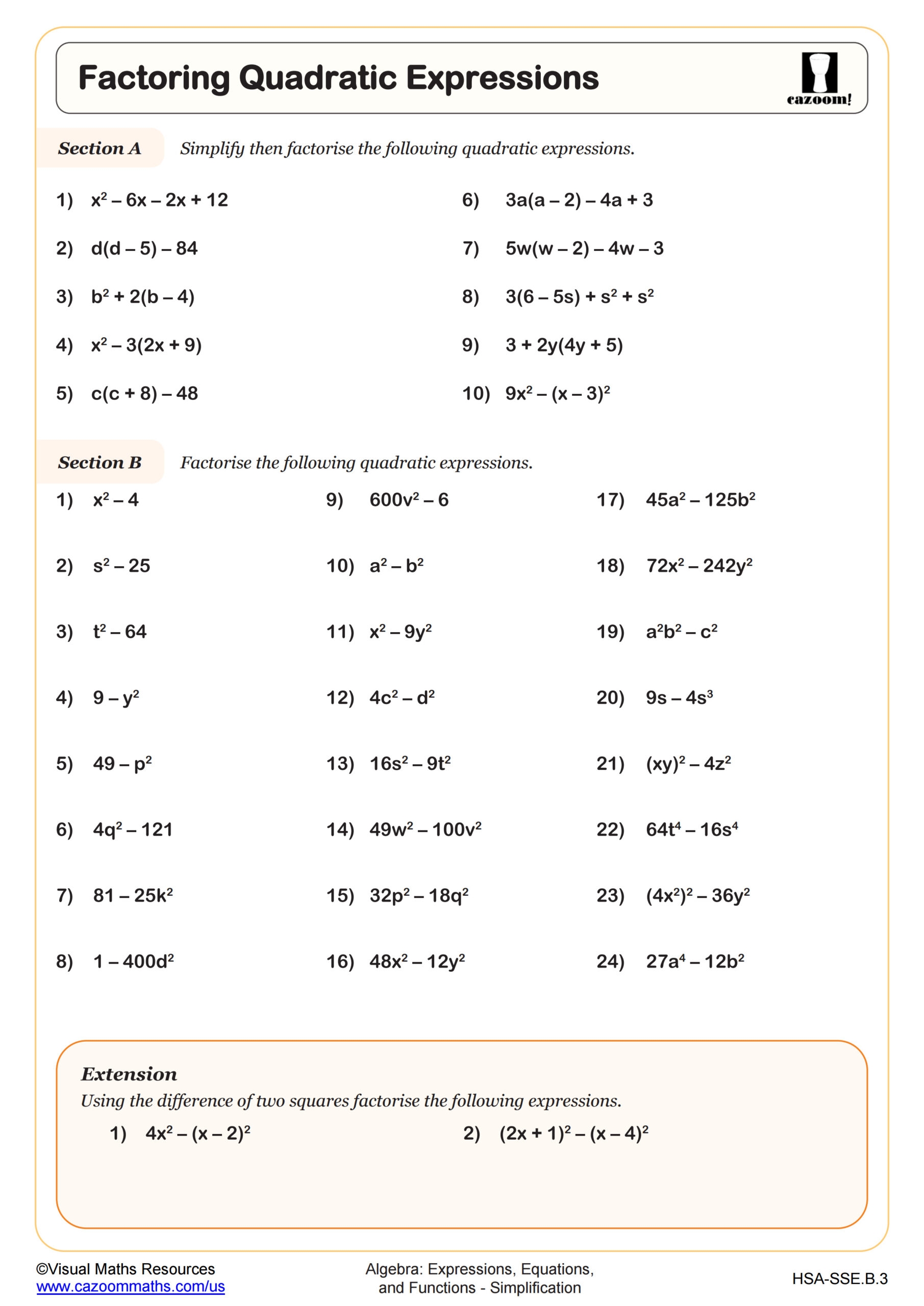 factoring quadratic equations worksheet