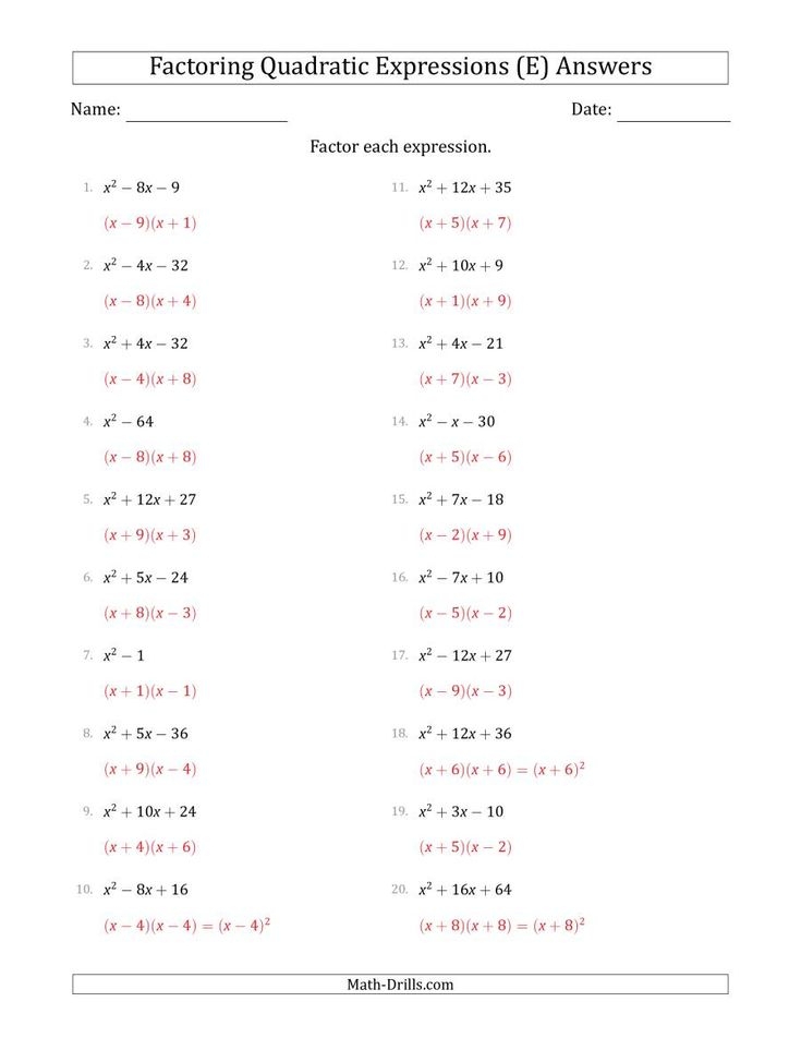 solving quadratics equations by factoring worksheet