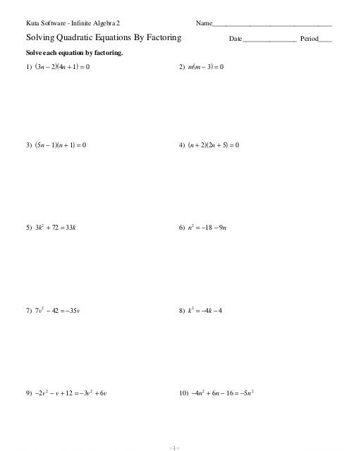 quadratic equations by factoring worksheet
