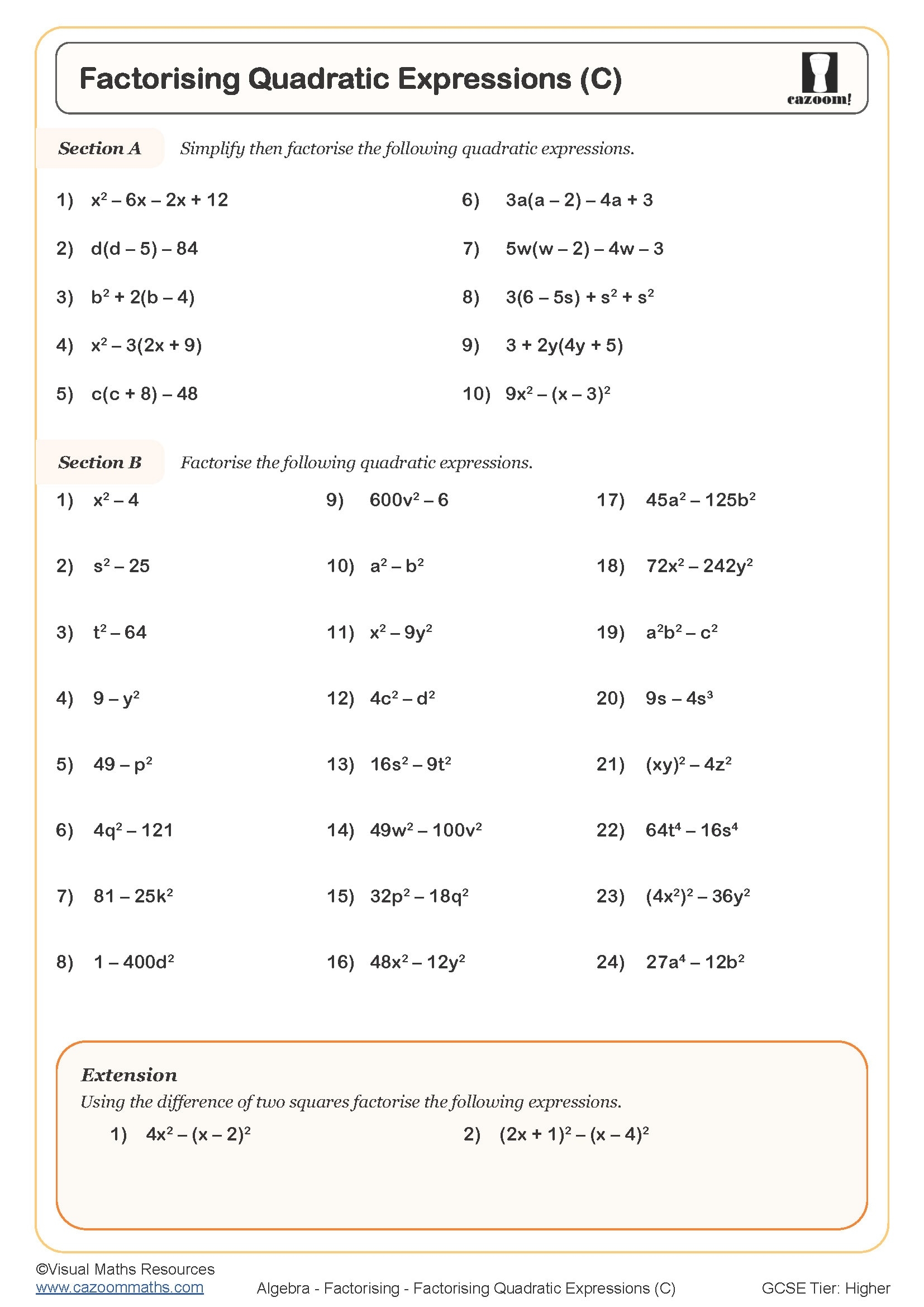 Factorising Quadratic Expressions C Worksheet Printable PDF 