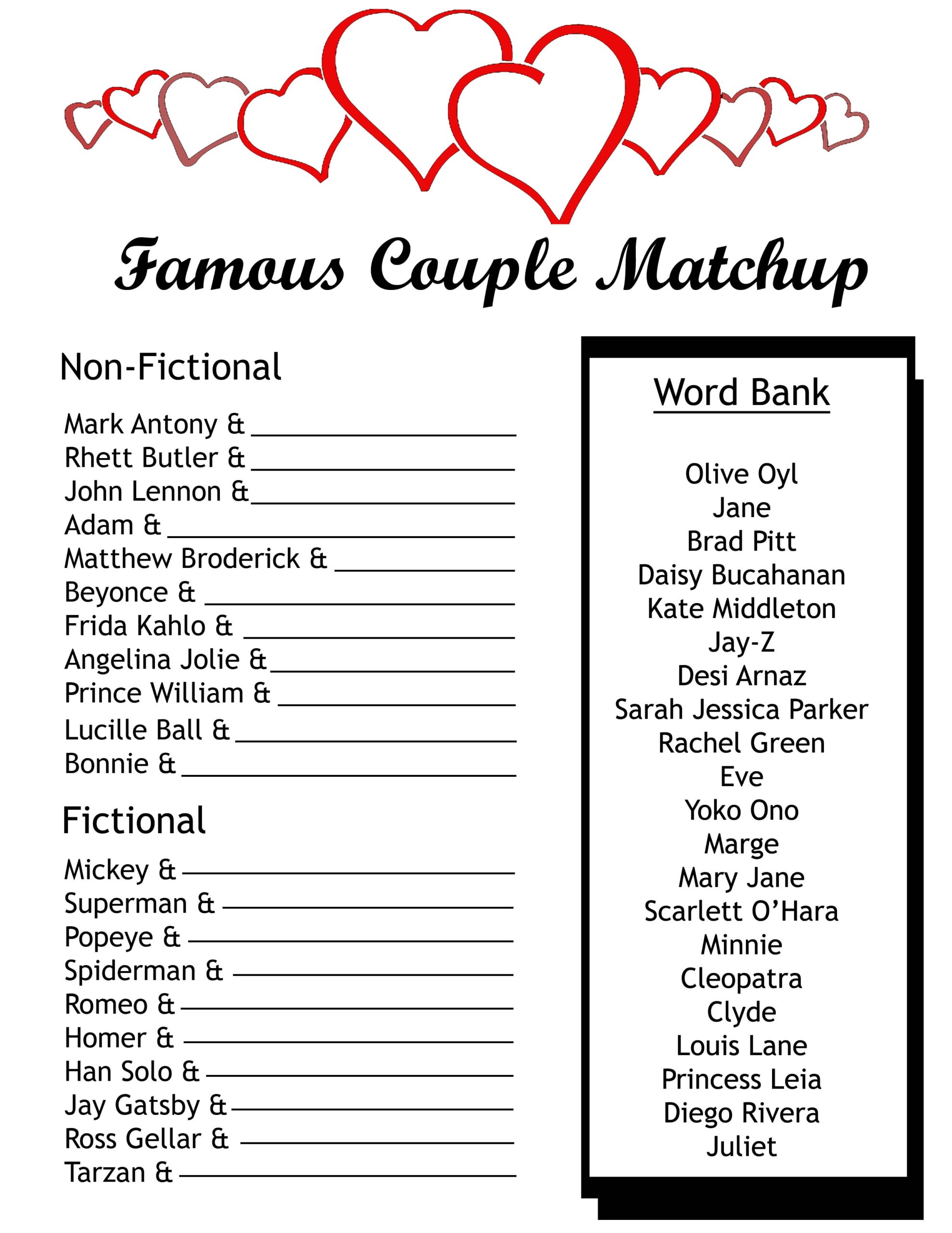 free printable famous couples game