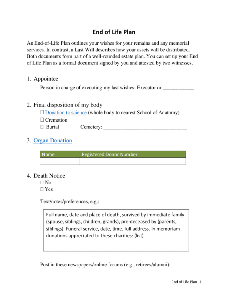 Fillable Online End of Life PlanFree Funeral Plan Template US Fax 