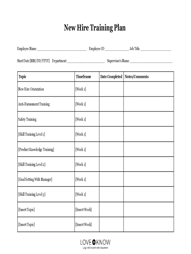 Fillable Online New Hire Training Plan Template New Hire Training Plan 