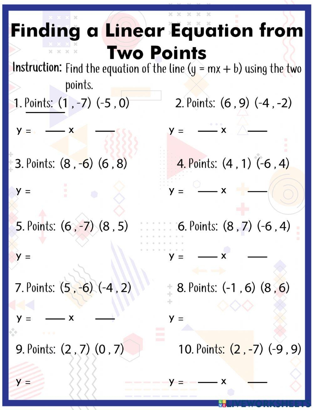 Finding A Linear Equation From Two Points Worksheet Live Worksheets 
