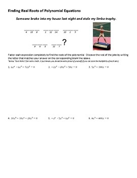 Finding Real Roots Of Polynomial Equations Joke Worksheet 3 TPT