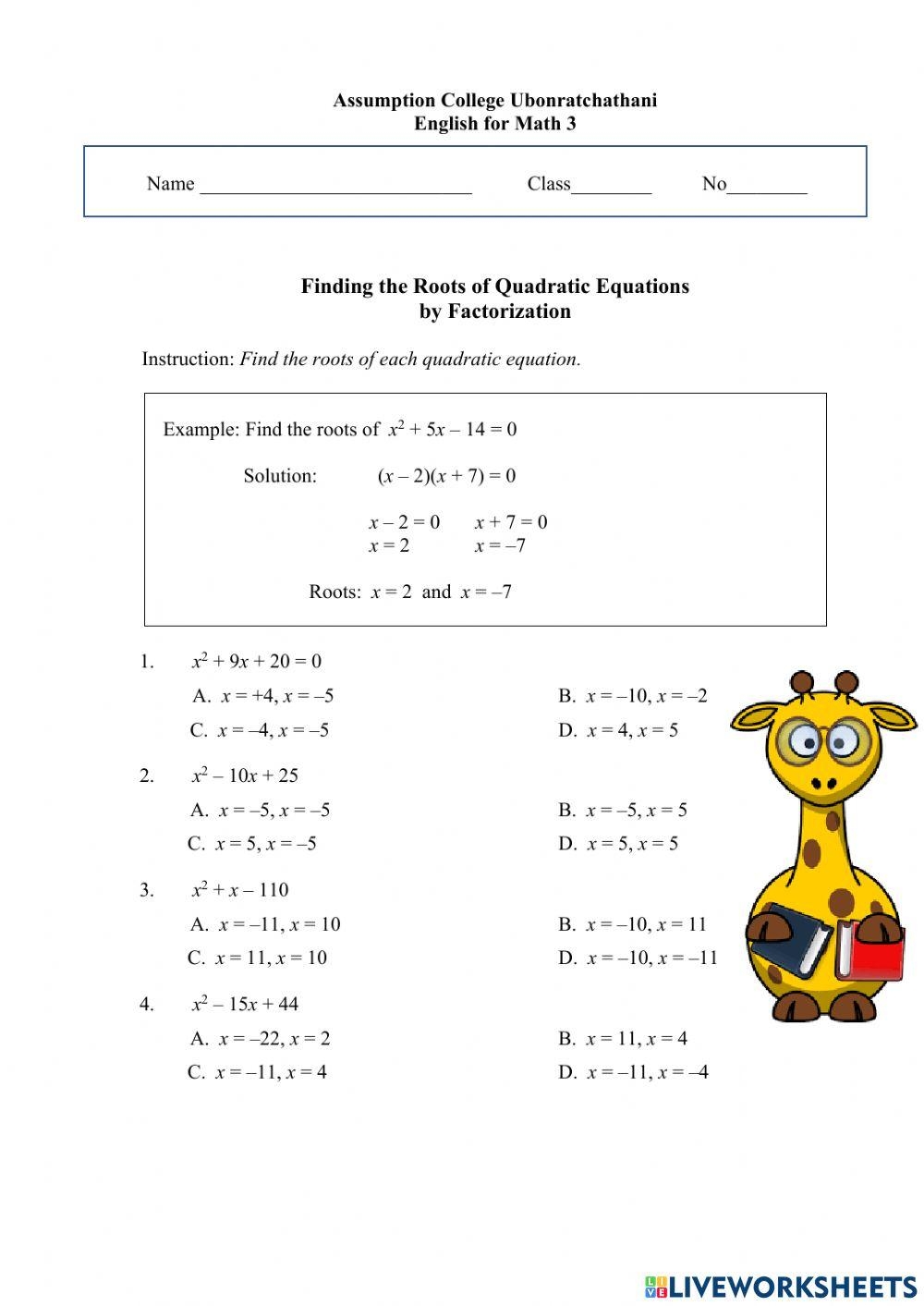 Finding The Roots Of Quadratic Equation By Factorization Worksheet 