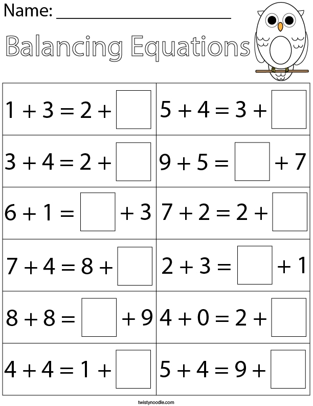 First Grade Balancing Addition Equations Math Worksheet Twisty 