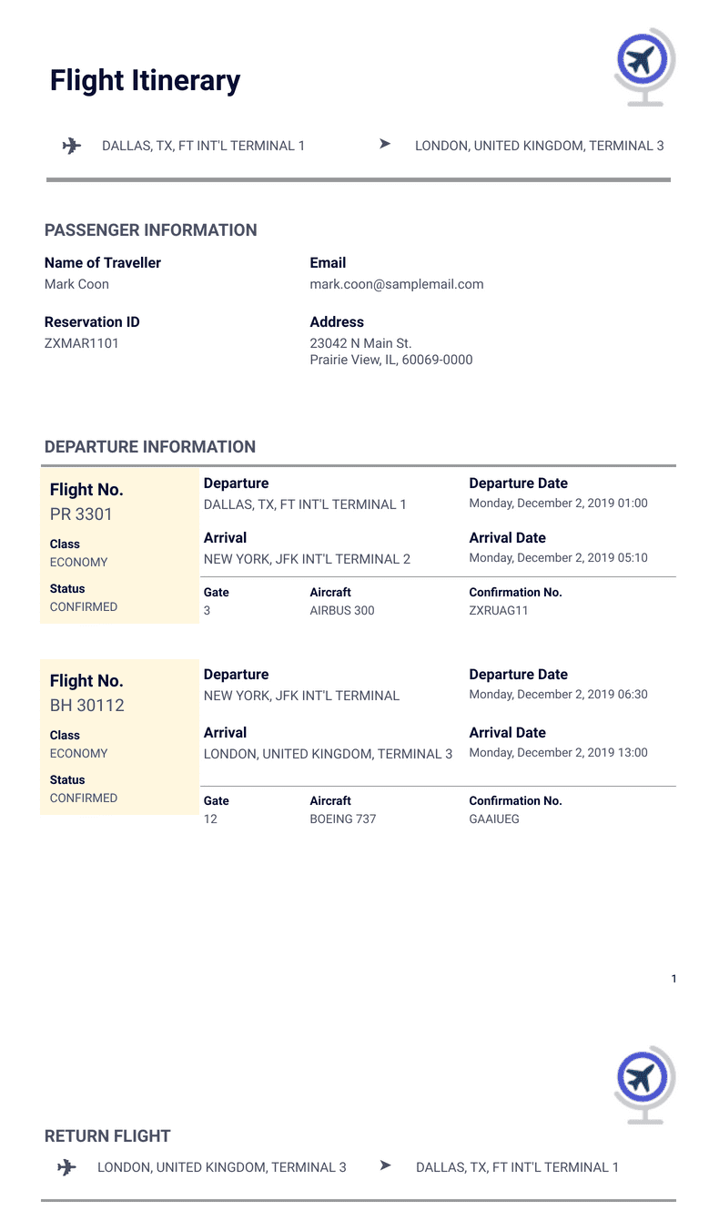Flight Itinerary Template PDF Templates Jotform 58 OFF