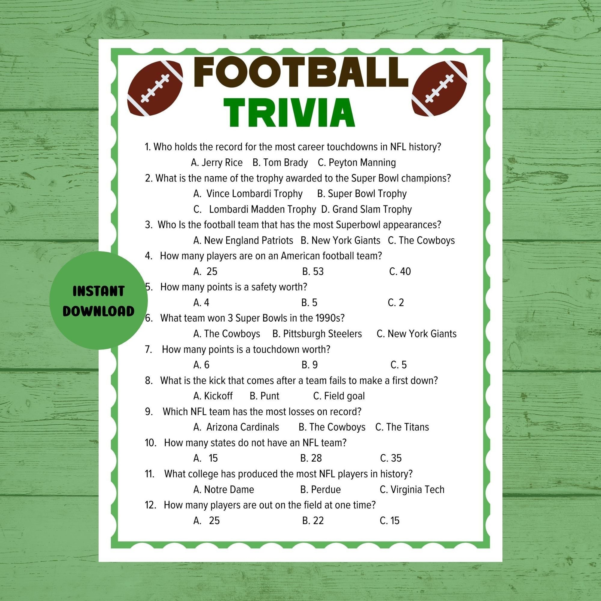 Football Trivia Printable Football Trivia Football Party Games Sports