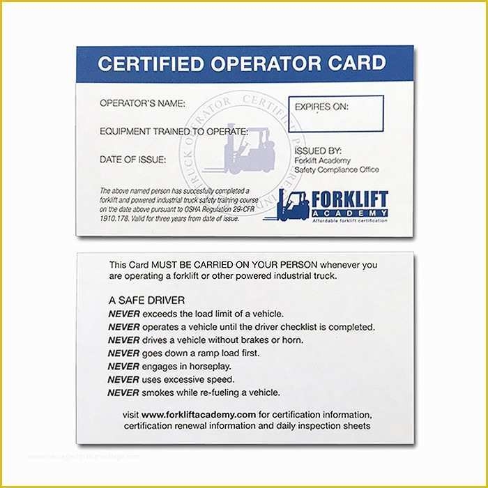 Forklift Certification Wallet Card Template Free Of Forklift Operator 