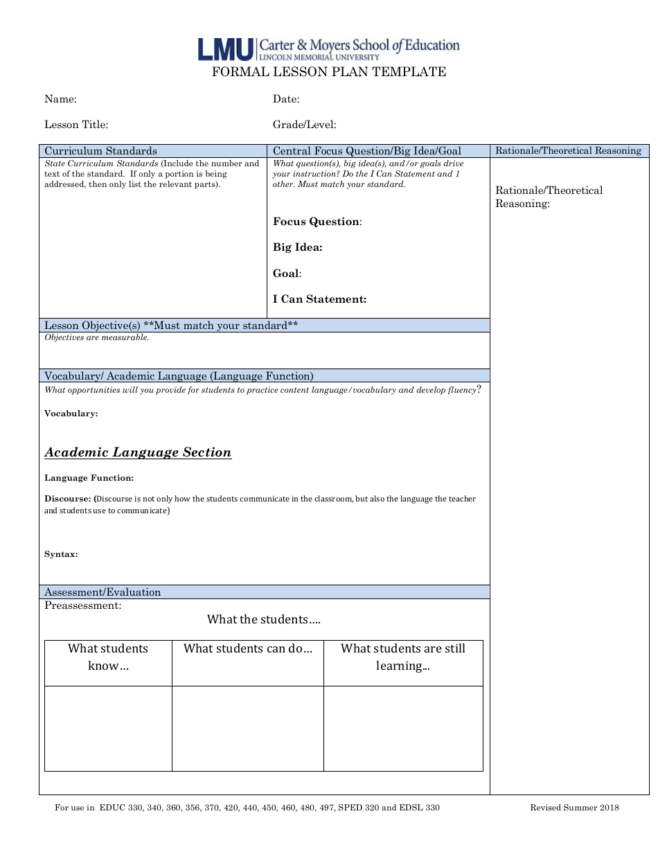 Formal Lesson Plan Template Download Printable PDF Templateroller