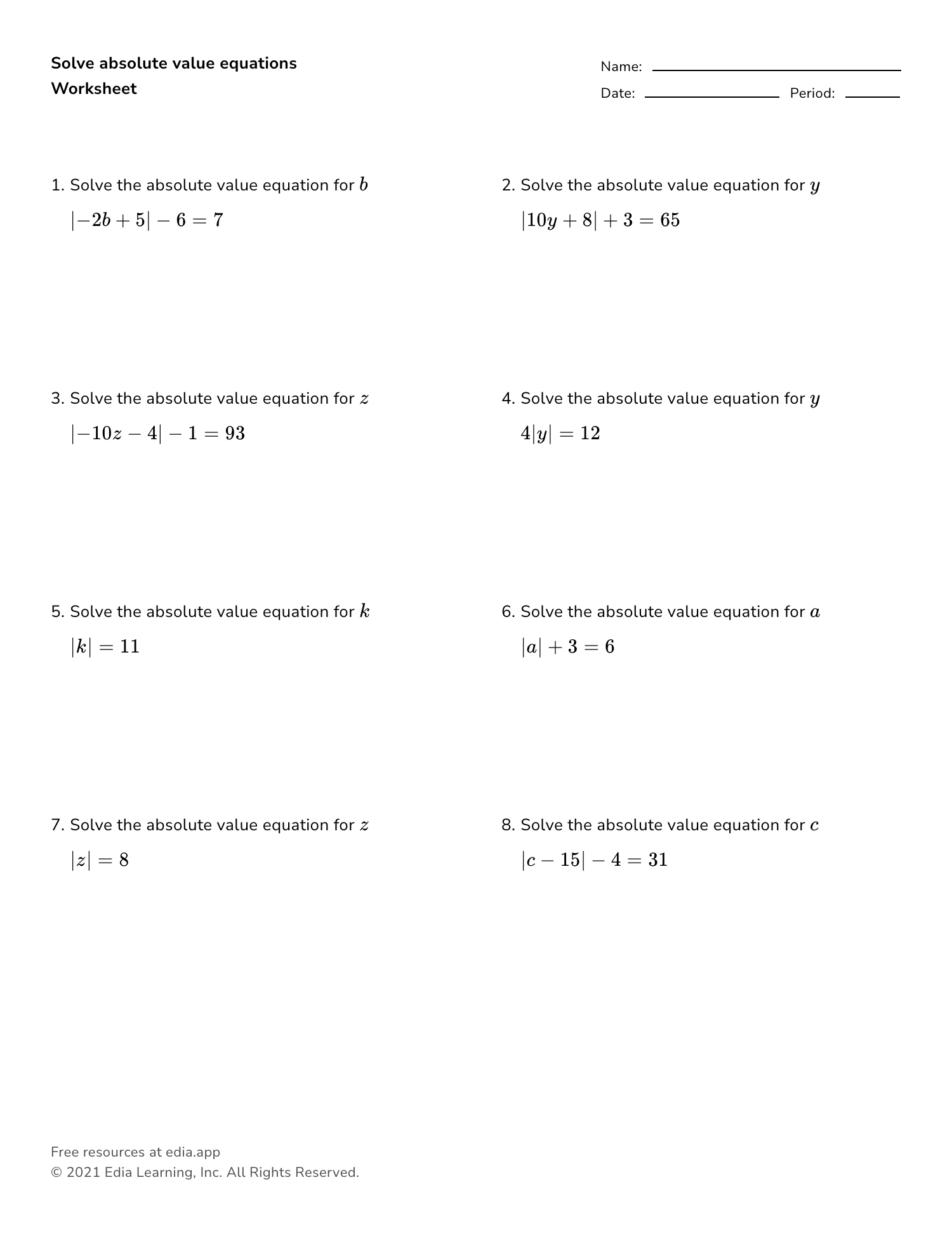 Free Absolute Value Equations Worksheet Algebra 2 Download Free 