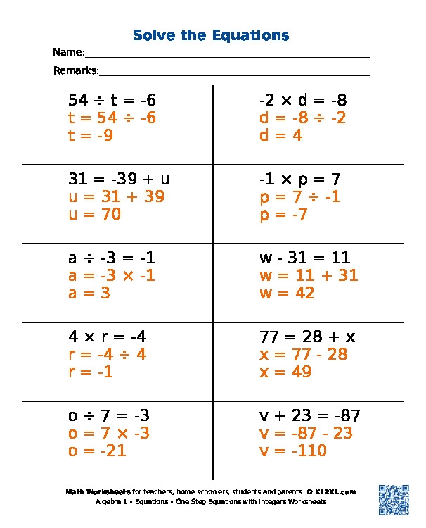 Free Algebra 1 Equations Worksheets For Homeschoolers Students