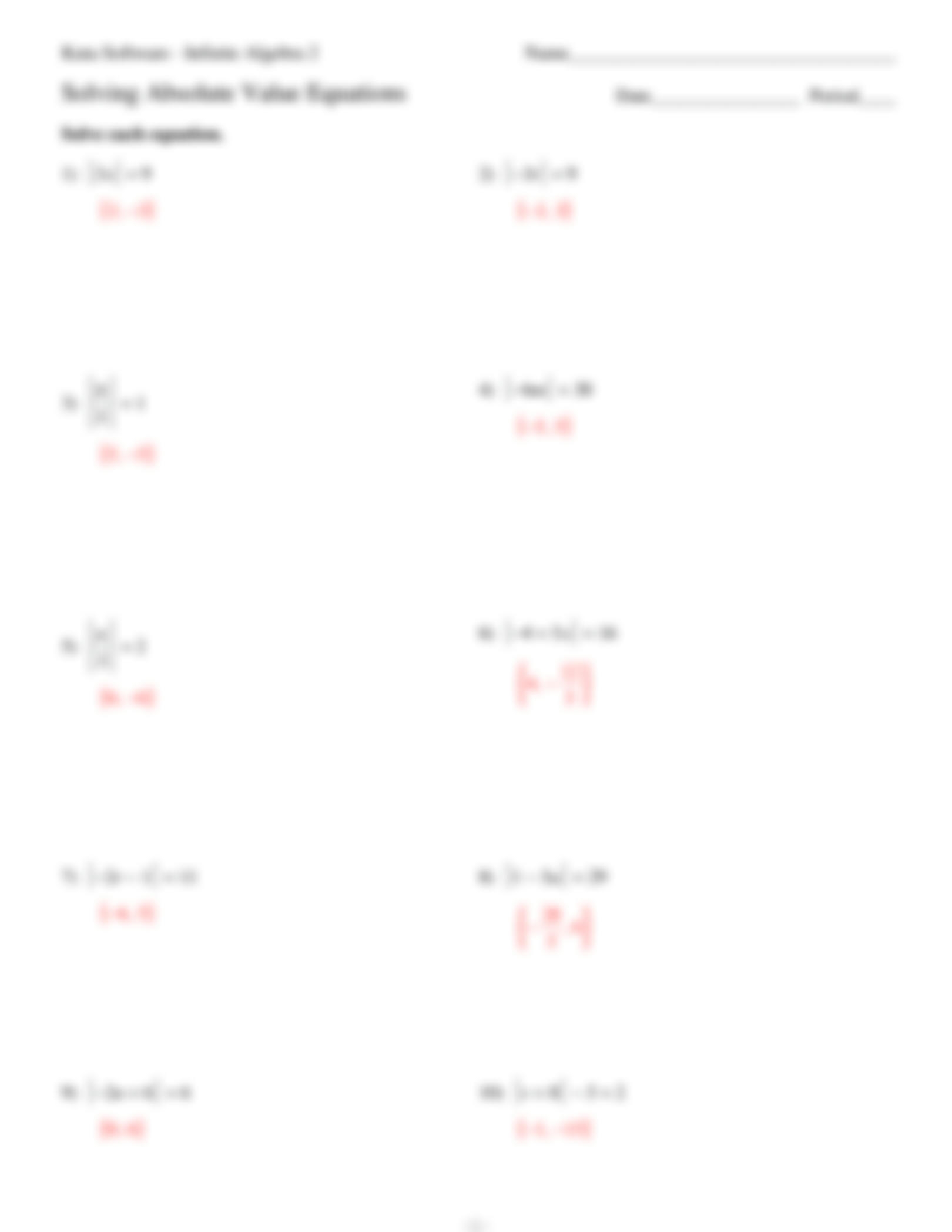 algebra absolute value equations 1 worksheet