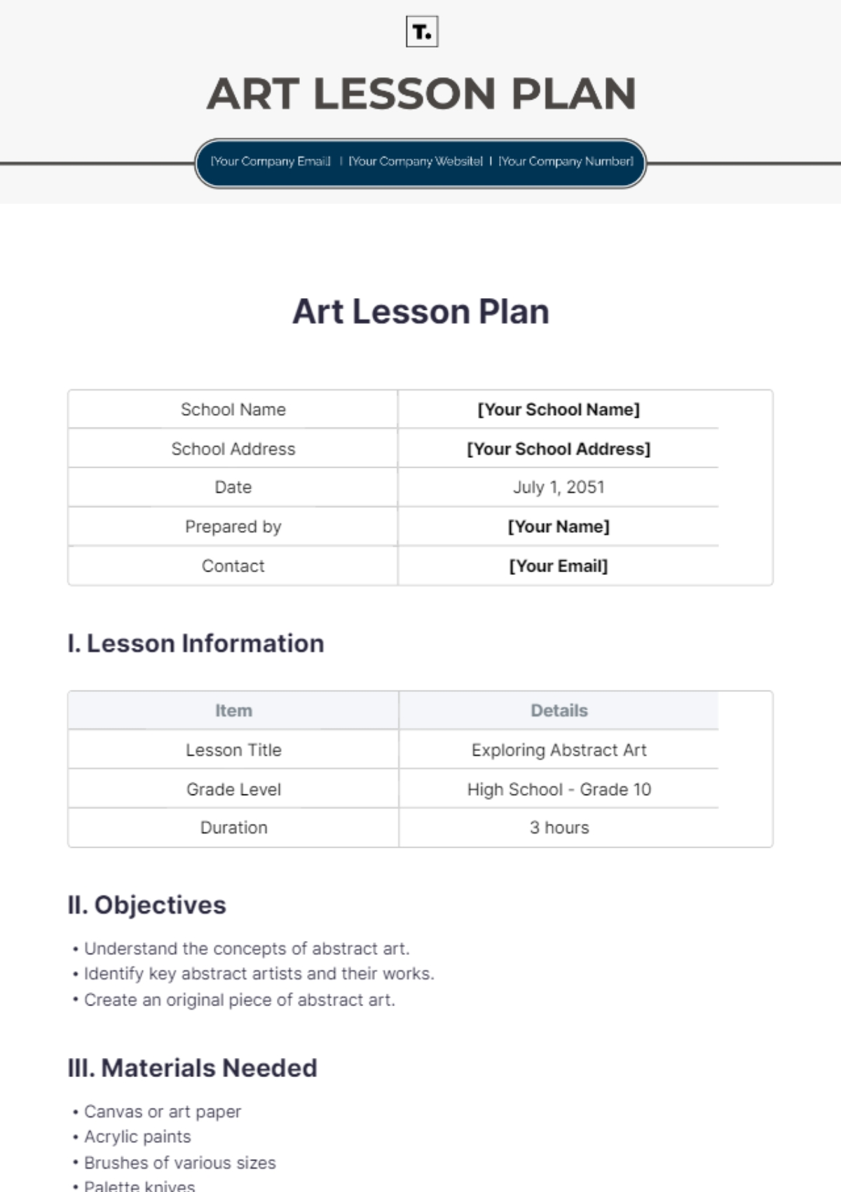 Free Art Lesson Plan Template To Edit Online