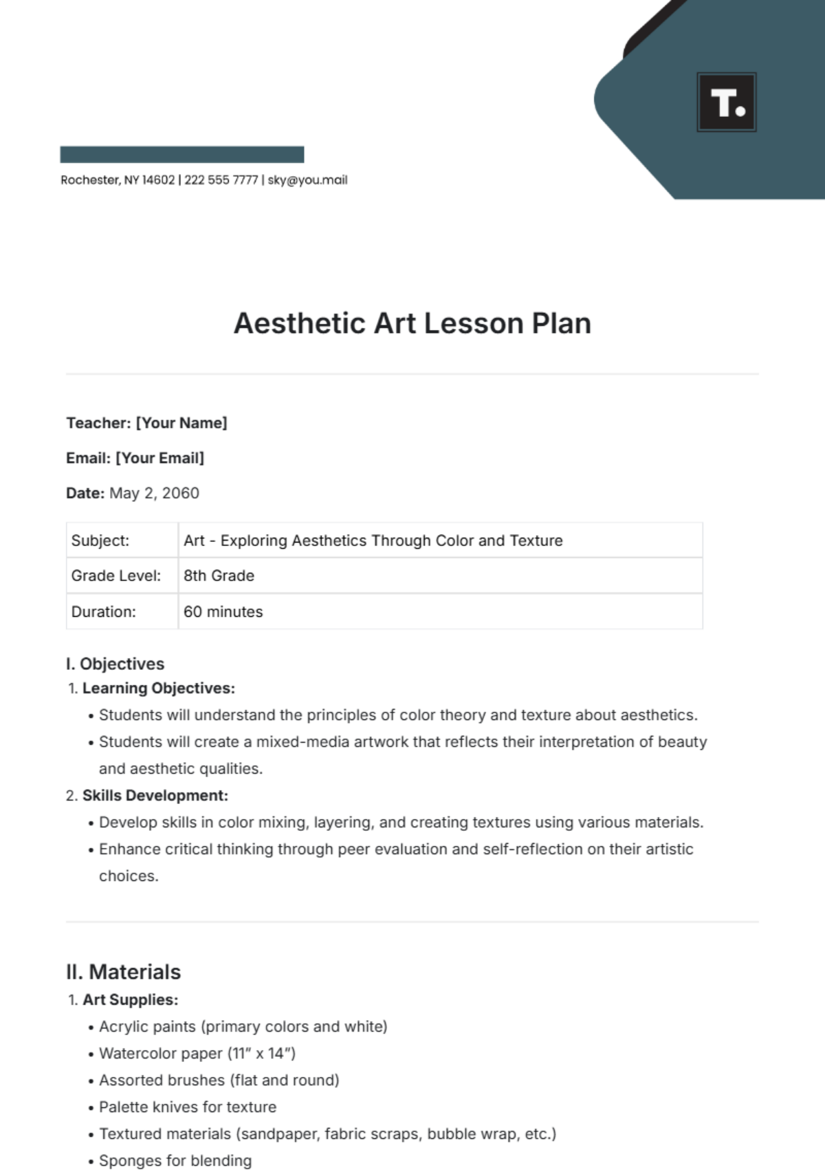 Free Art Lesson Plan Templates Editable And Printable