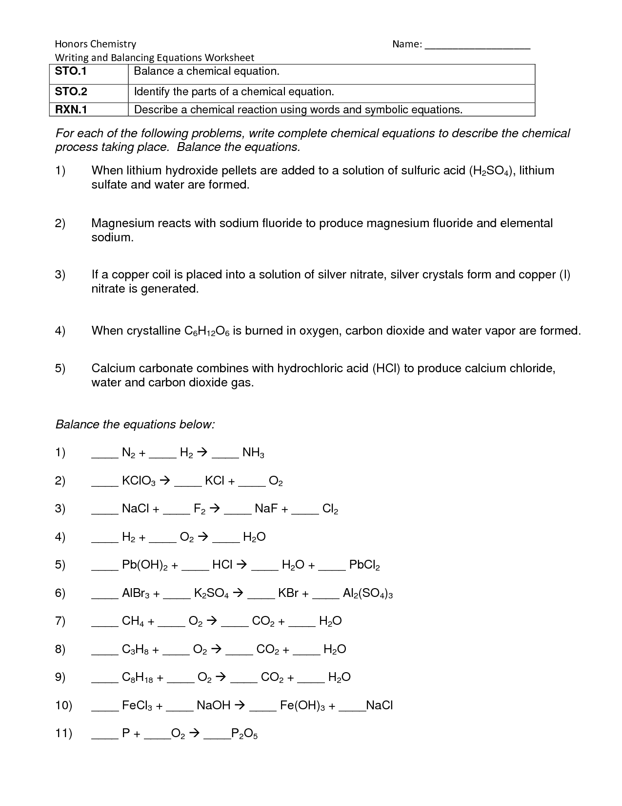chemistry balancing equations practice worksheets