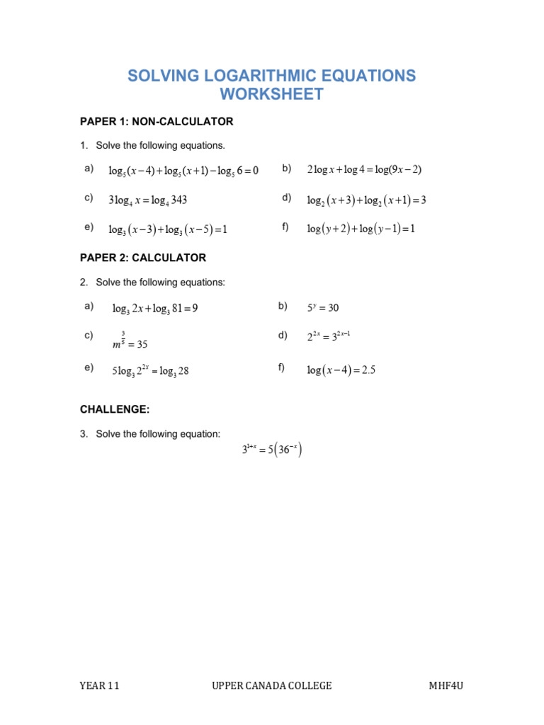 solve logarithmic equations worksheet