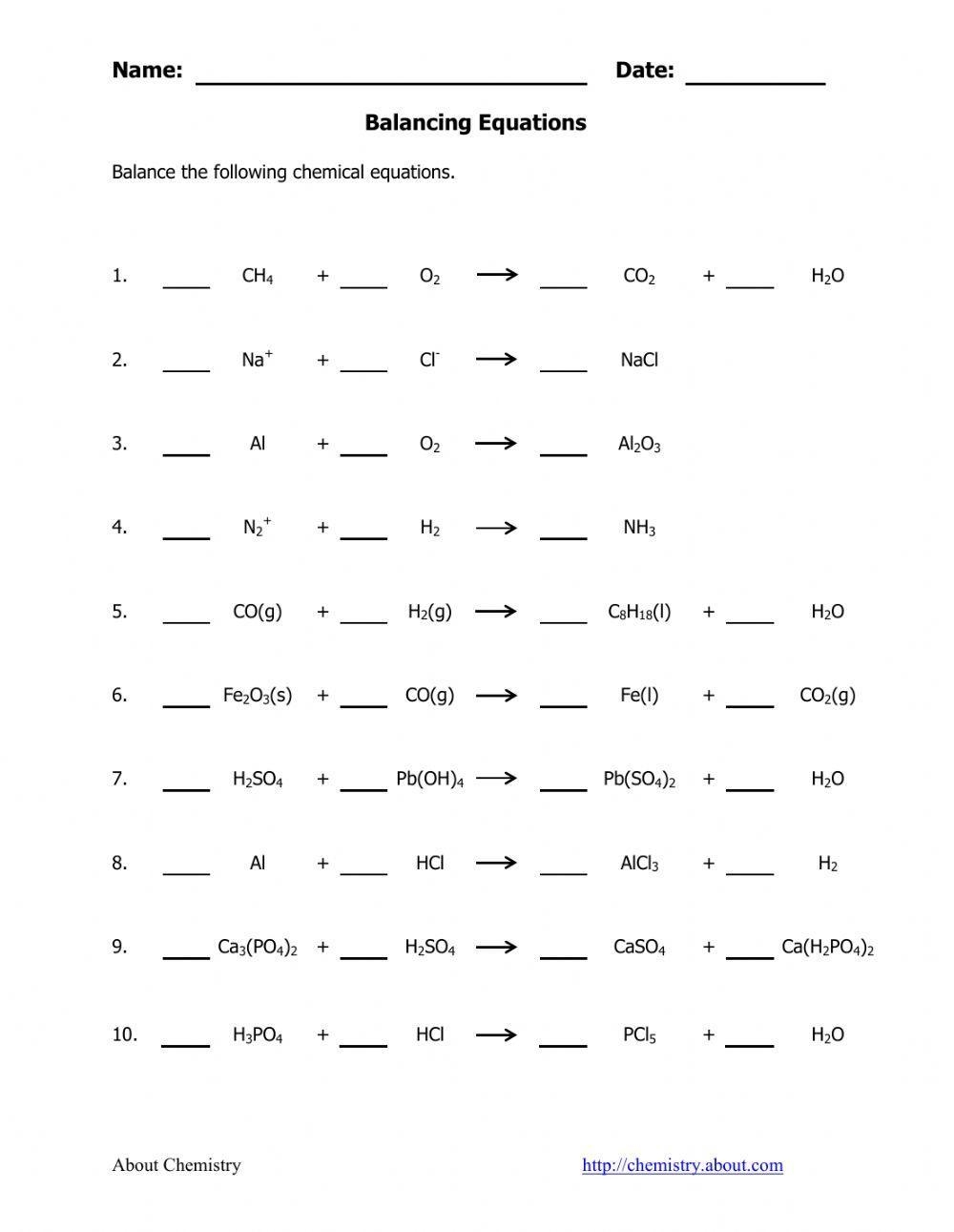 Free Chemical Equations To Balance Worksheet Download Free Chemical 