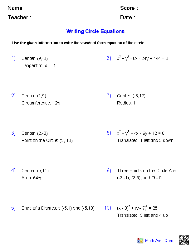 equation of the circle worksheet