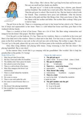 Free ESL Printable Grade 1 Reading Comprehension English 