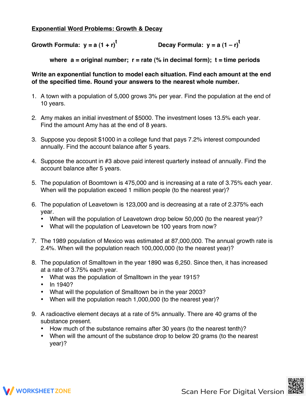 Free Exponential Growth And Decay Worksheets With Answer Key 