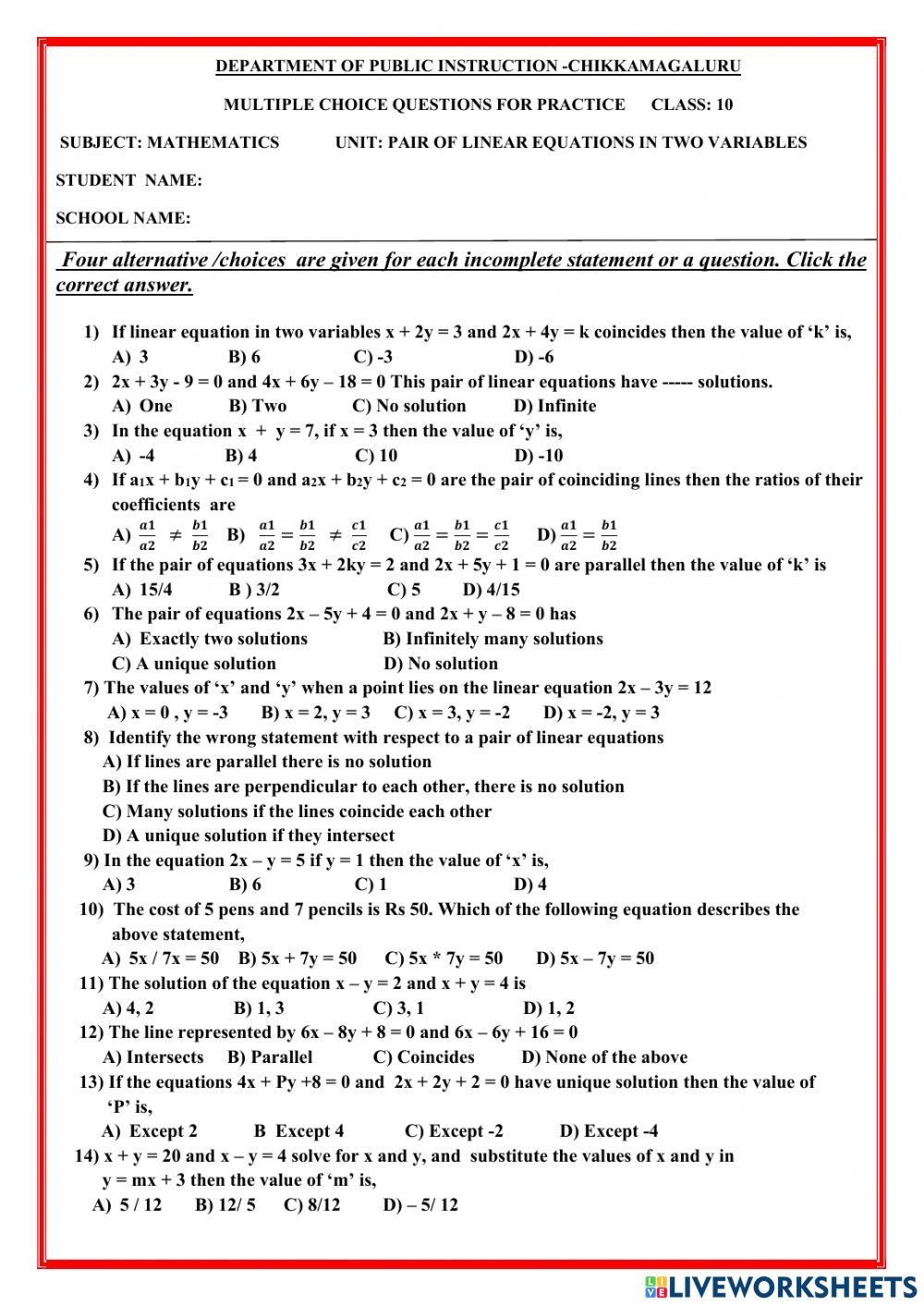 Free Linear Equations In Two Variables Worksheet With Answers Download 