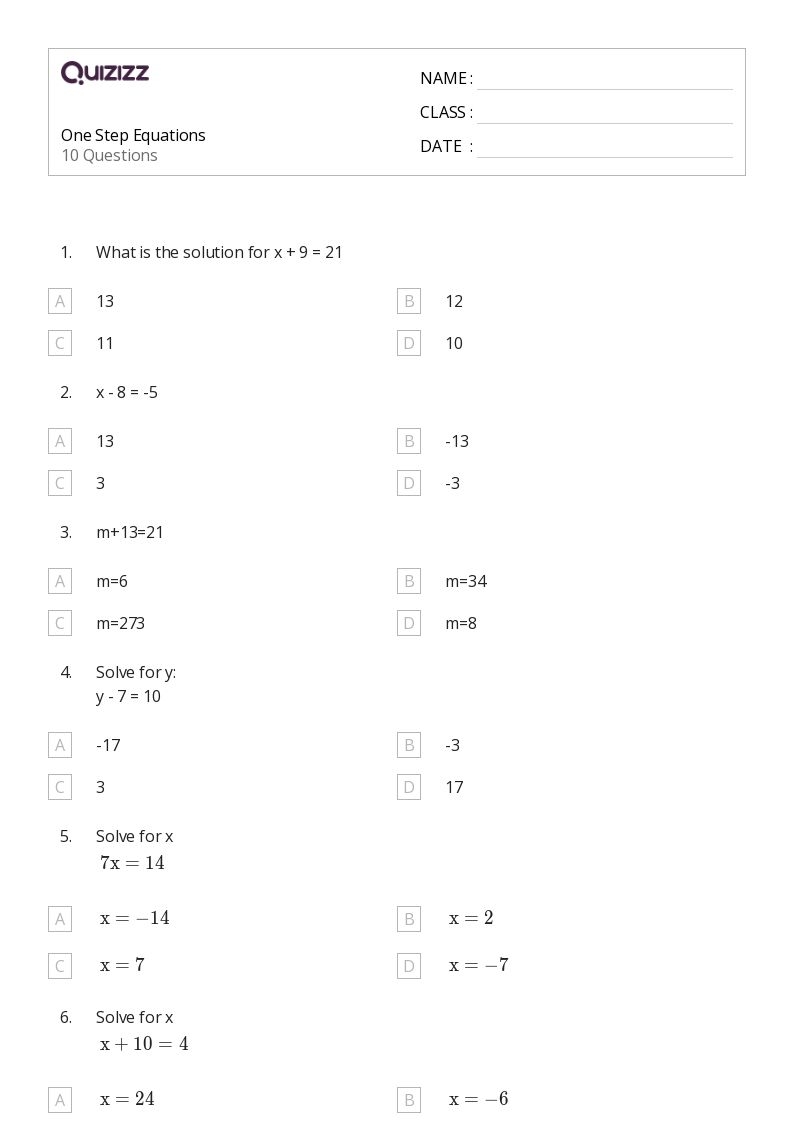 one step algebraic equations worksheet pdf