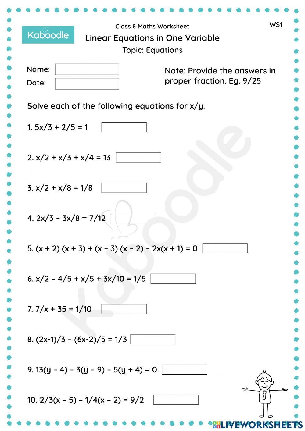 worksheets for linear equations in one variable