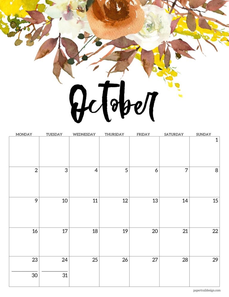 Free Printable 2023 Floral Calendar Monday Start Paper Trail Design 