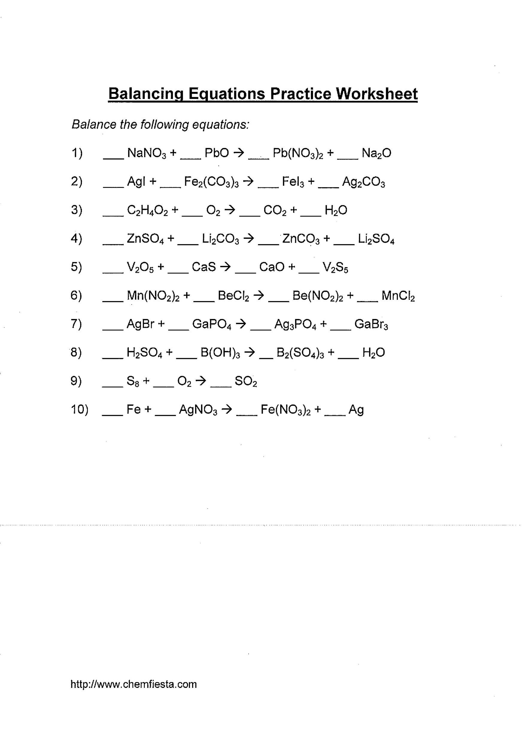 balancing chemical equations worksheets
