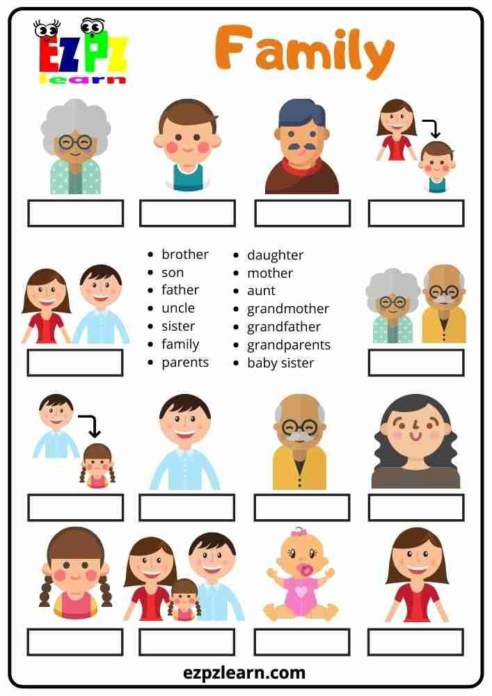 Free Printable English Word Match Topic Family Members For English