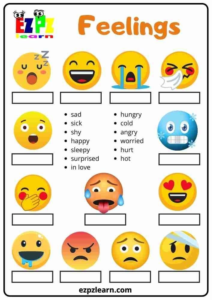 Free Printable English Word Match Topic Feelings For English Learner 