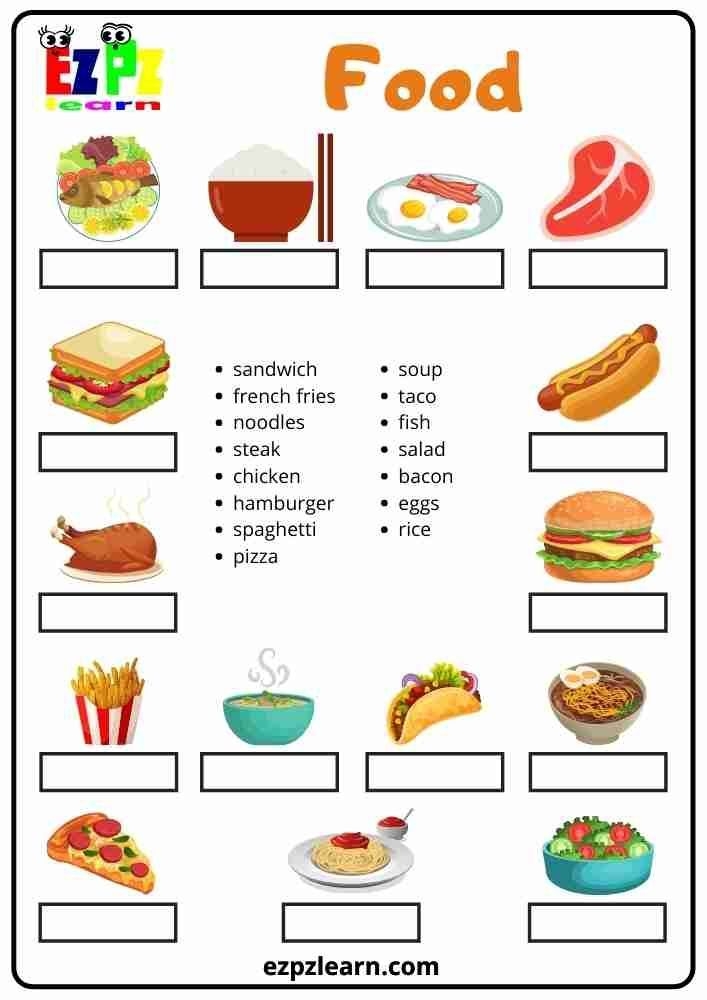 Free Printable English Word Match Topic Food For English Learner ESL