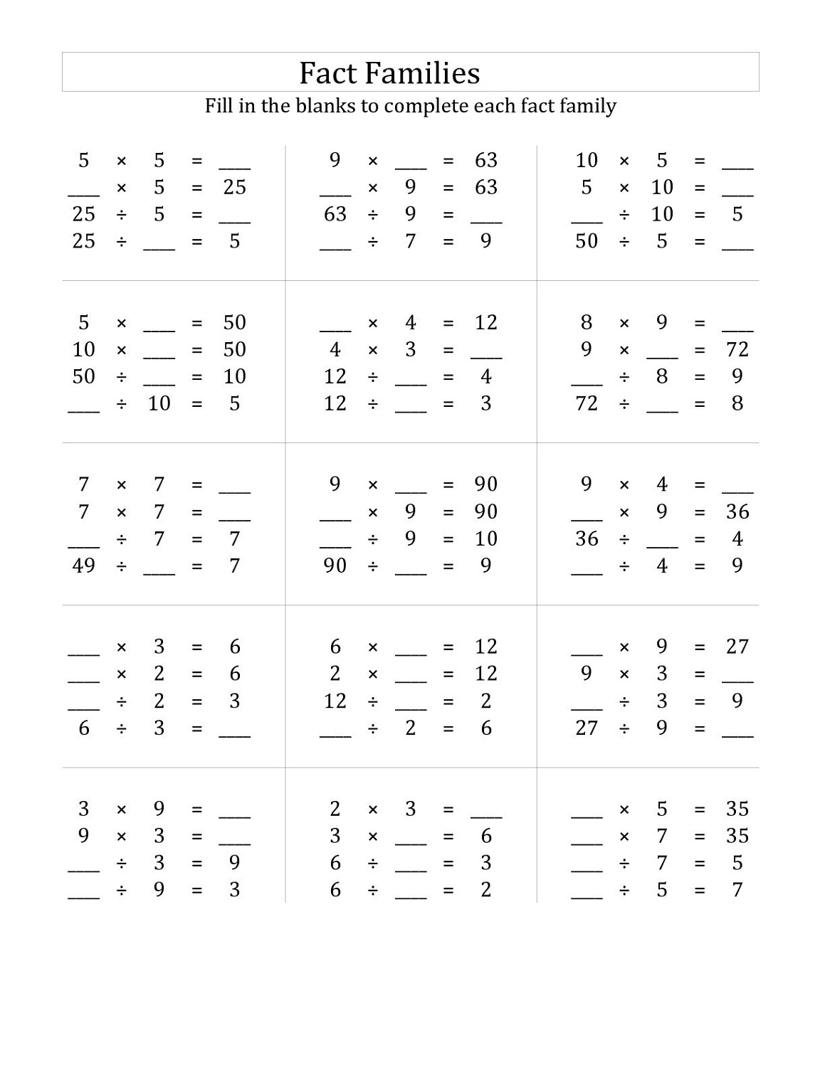 free printable fact family games