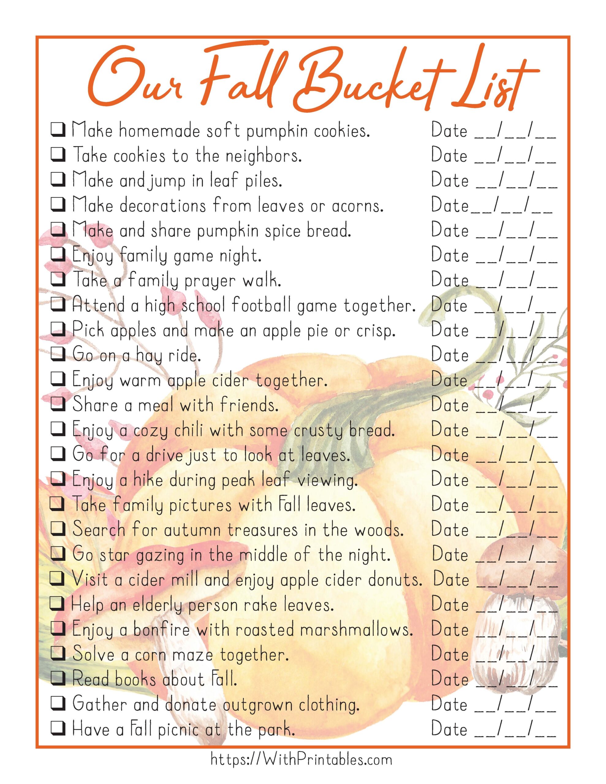 Free Printable Fall Bucket List For Families Without Halloween 